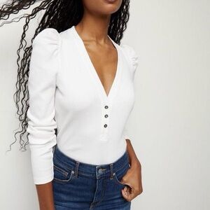 Veronica Beard White V-Neck Blouse with Button Detail